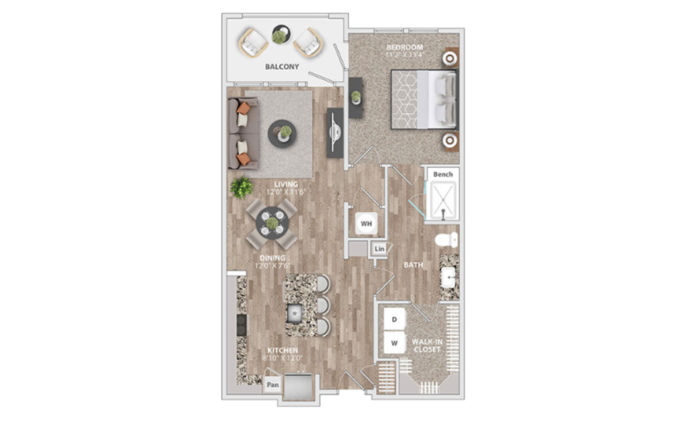 A1 - 1 bedroom floor plan layout with 1 bathroom and 848 square feet (Floorplan 
)