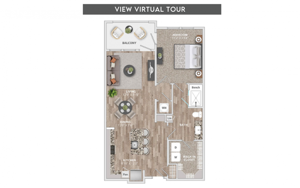 A1 - 1 bedroom floorplan layout with 1 bath and 848 square feet. (Floorplan)