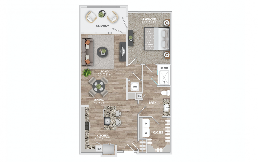 A2 - 1 bedroom floorplan layout with 1 bath and 864 square feet.