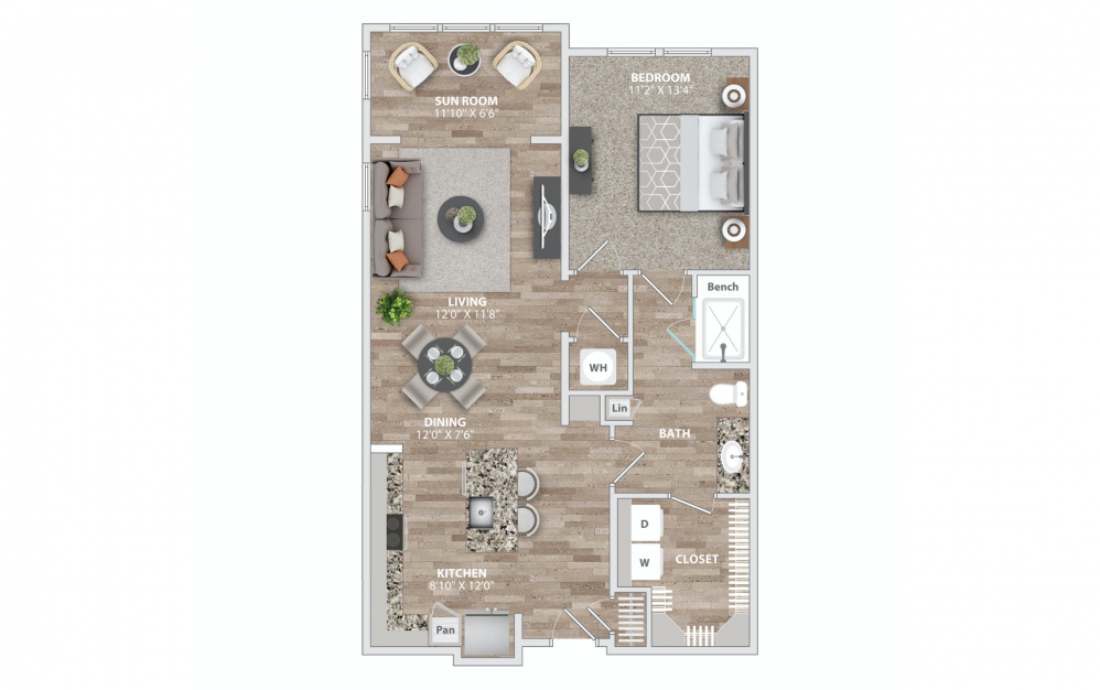 A3 - 1 bedroom floorplan layout with 1 bath and 933 square feet.
