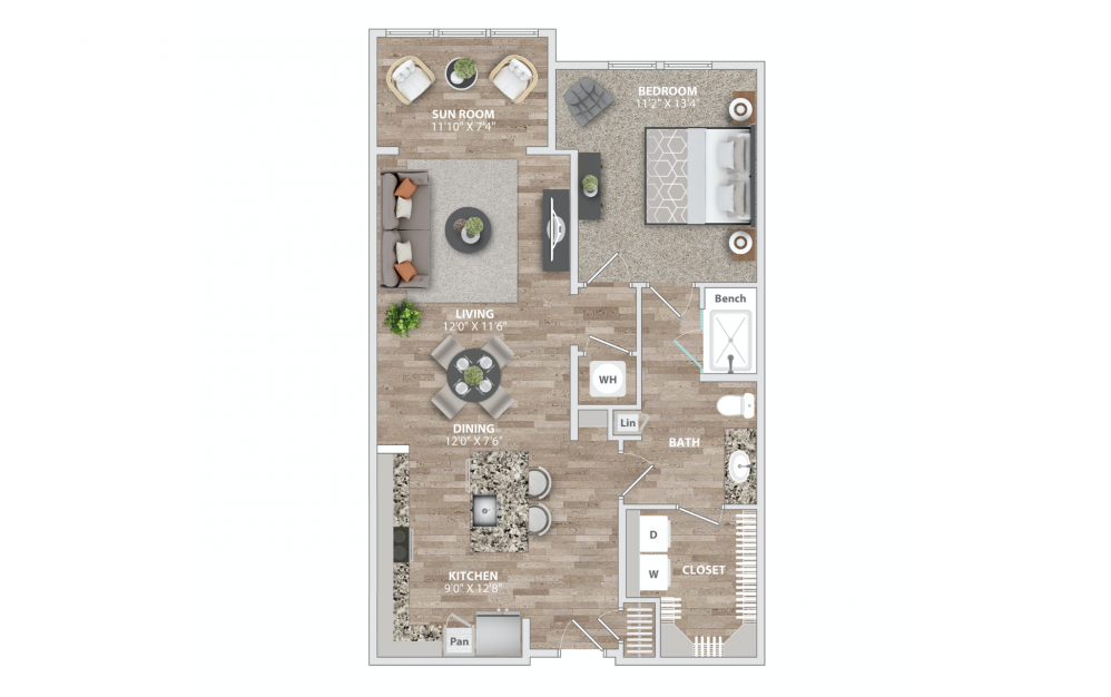 A4 - 1 bedroom floorplan layout with 1 bath and 941 square feet.