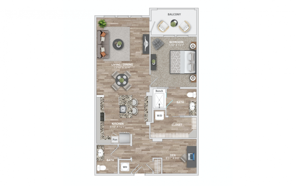 A5 - 1 bedroom floorplan layout with 1.5 bath and 1059 square feet.