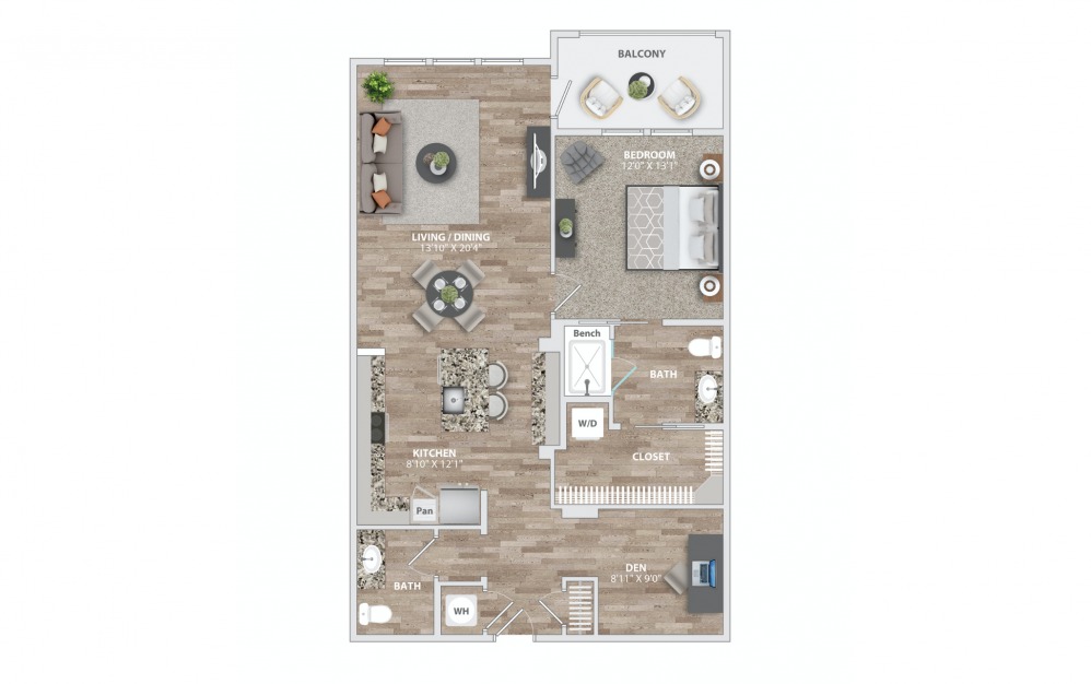 A6 - 1 bedroom floorplan layout with 1.5 bath and 1068 square feet.