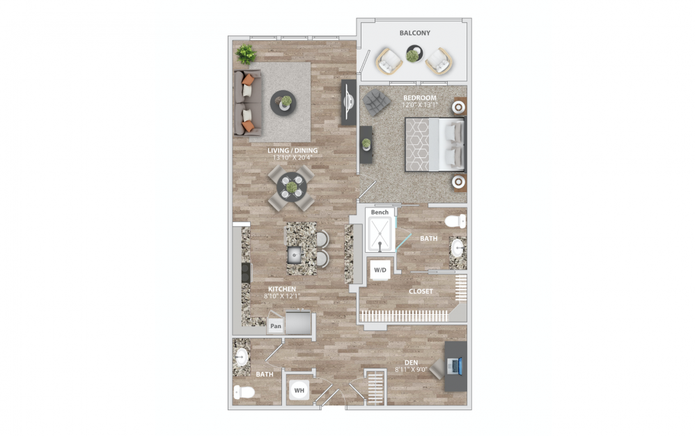 A7 - 1 bedroom floorplan layout with 1.5 bath and 1076 square feet.