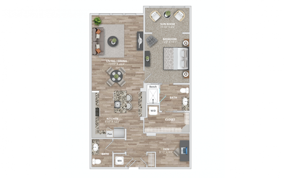 A8 - 1 bedroom floorplan layout with 1.5 bath and 1146 square feet.