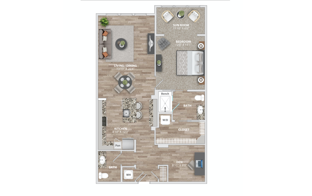 A9 - 1 bedroom floor plan layout with 1.5 bathroom and 1162 square feet