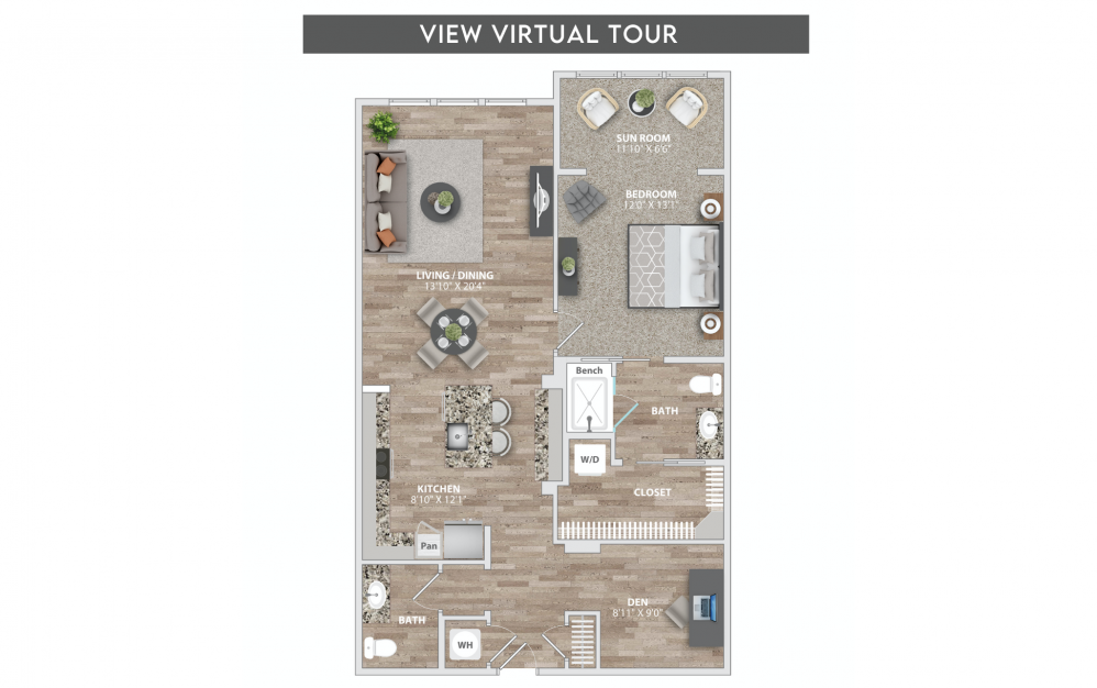 A9 - 1 bedroom floorplan layout with 1.5 bath and 1162 square feet.