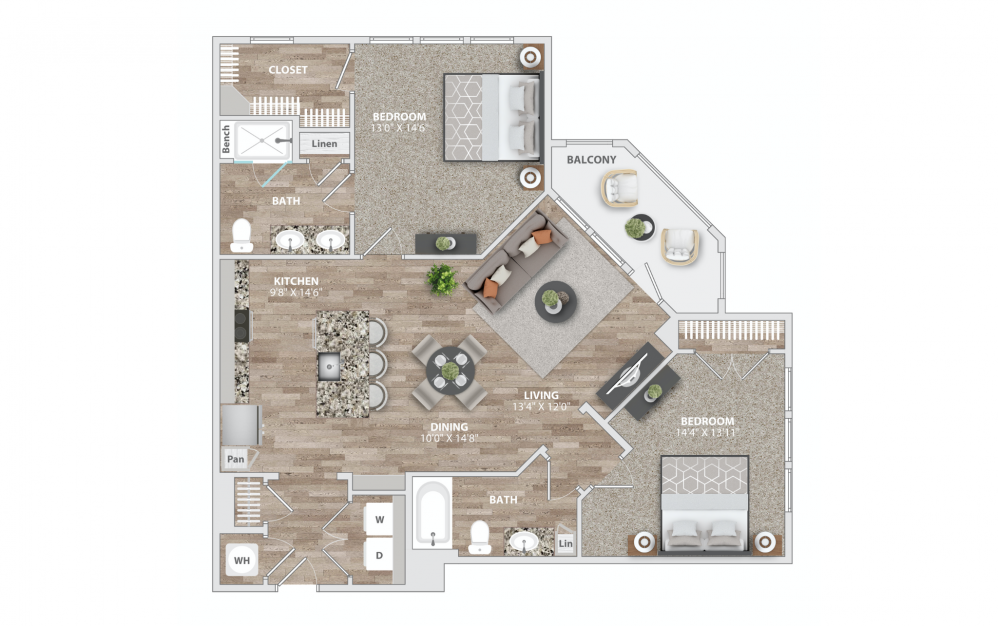 B1 - 2 bedroom floorplan layout with 2 baths and 1186 square feet.