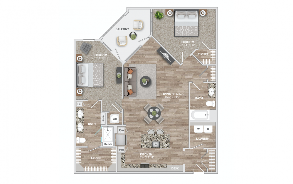 B10 - 2 bedroom floorplan layout with 2 baths and 1327 square feet.