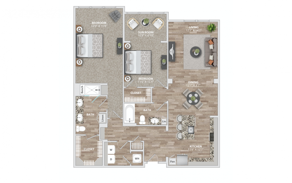 B11 - 2 bedroom floorplan layout with 2 baths and 1371 square feet.