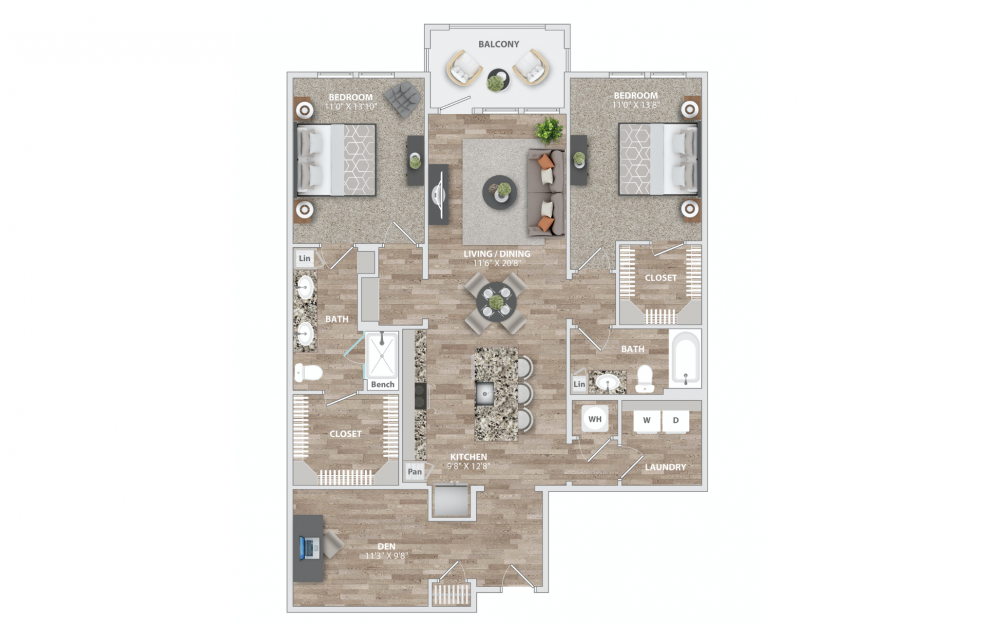 B12 - 2 bedroom floorplan layout with 2 baths and 1400 square feet.