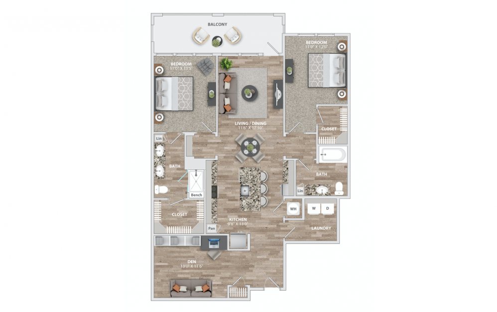 B13 - 2 bedroom floorplan layout with 2 baths and 1418 square feet.