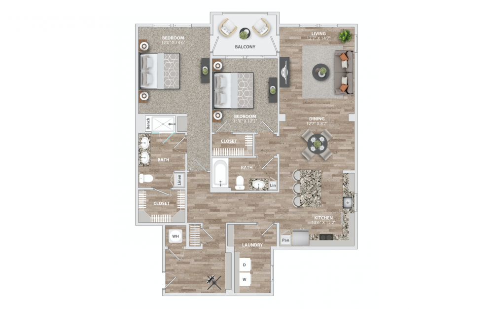 B14 - 2 bedroom floorplan layout with 2 baths and 1458 square feet.