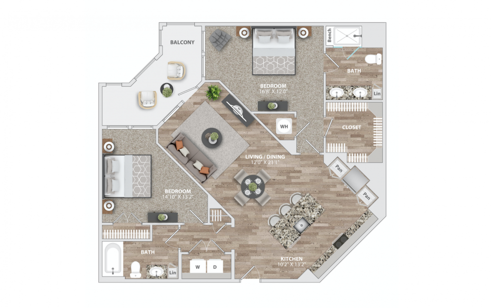 B2 - 2 bedroom floorplan layout with 2 baths and 1239 square feet.
