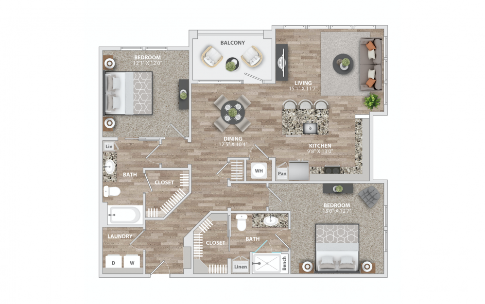 B3 - 2 bedroom floorplan layout with 2 baths and 1259 square feet.