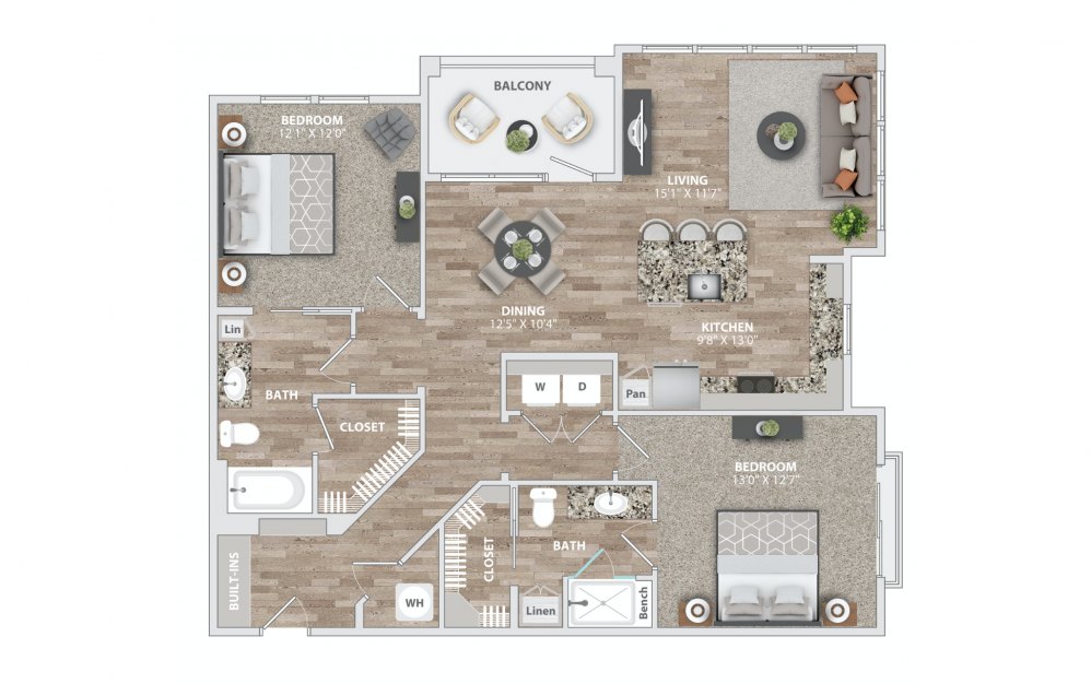 B4 - 2 bedroom floorplan layout with 2 baths and 1259 square feet.
