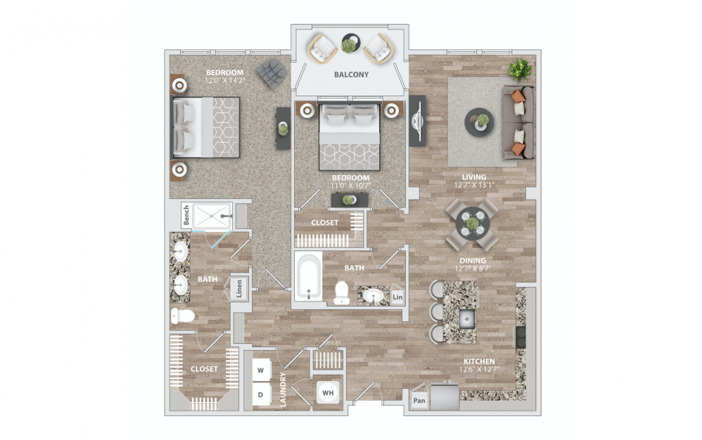 B5 - 2 bedroom floorplan layout with 2 baths and 1278 square feet.