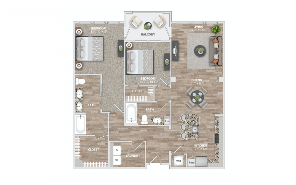 B5.1 - 2 bedroom floorplan layout with 2 baths and 1278 square feet.
