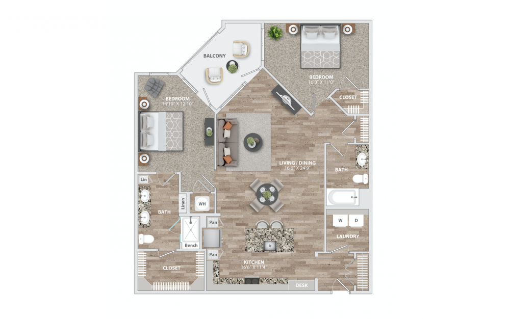 B6 - 2 bedroom floorplan layout with 2 baths and 1289 square feet.