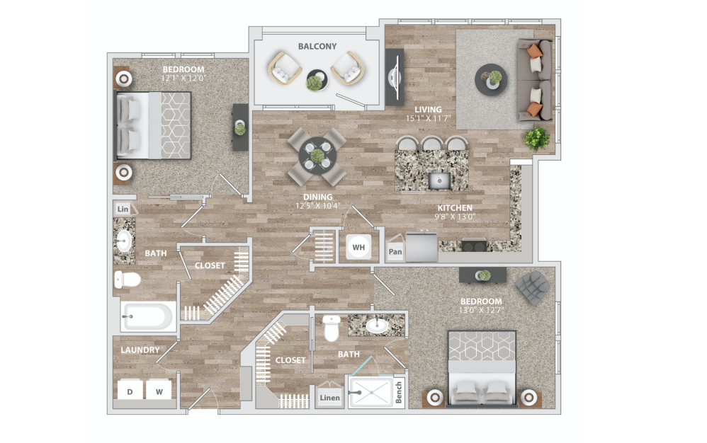 B7 - 2 bedroom floor plan layout with 2 bathrooms and 1291 square feet