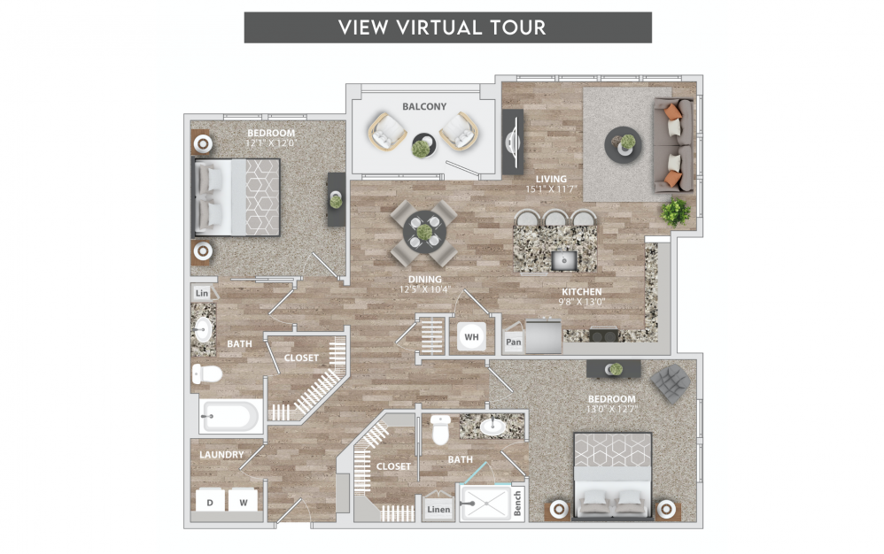 B7 - 2 bedroom floorplan layout with 2 baths and 1291 square feet.