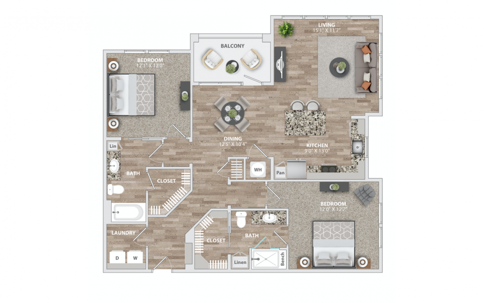B8 - 2 bedroom floorplan layout with 2 baths and 1291 square feet.