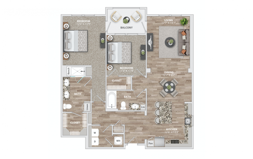 B9 - 2 bedroom floorplan layout with 2 baths and 1303 square feet.