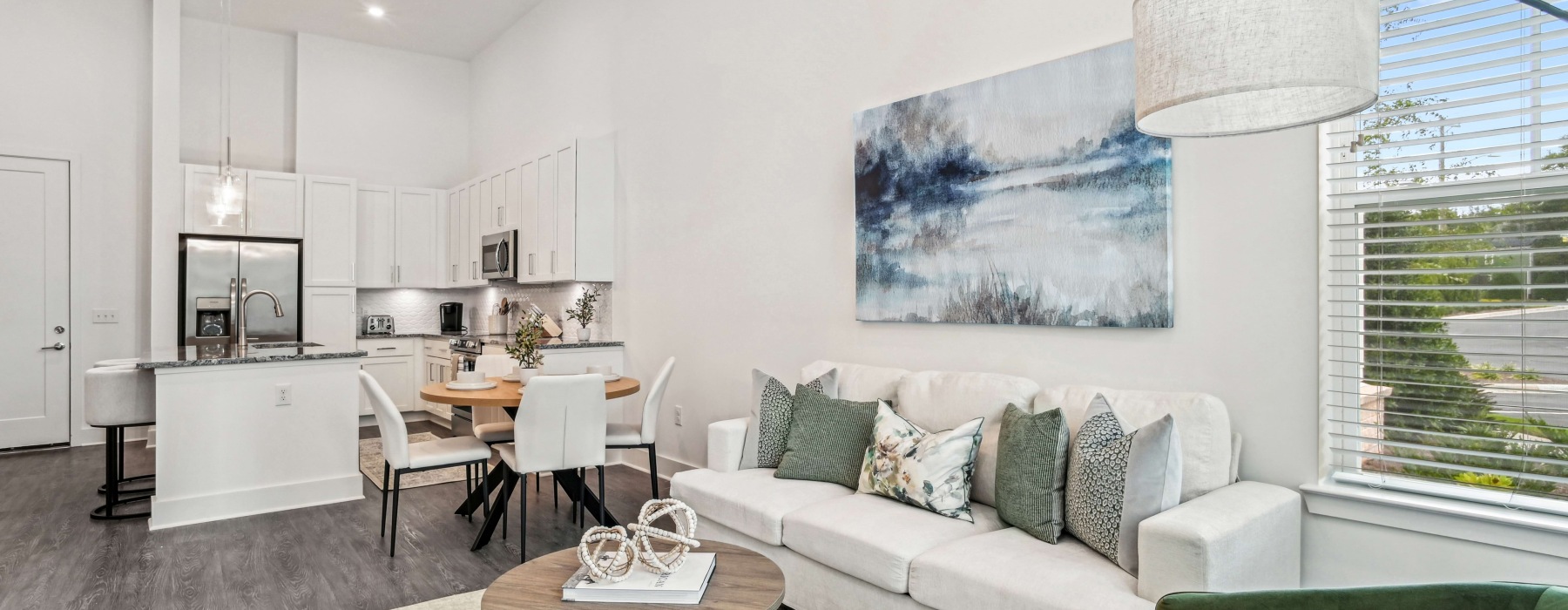 Furnished Home Open Floor Plan of Living Room and Kitchen